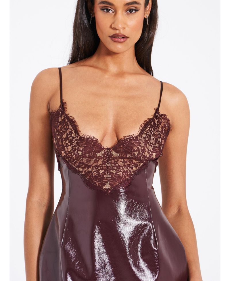 Women's Shelby Dark Brown Faux Leather with Lace Mini Dress