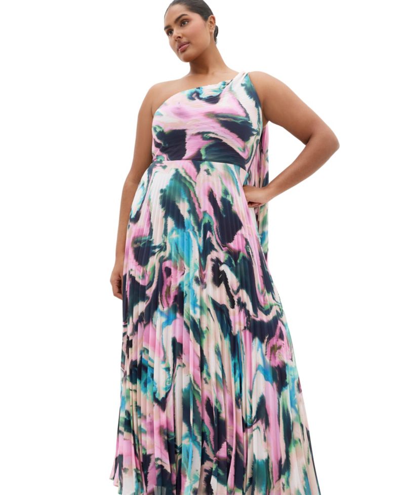 Plus Size Eloura One-Shoulder Rippled-Print A-Line Maxi Dress