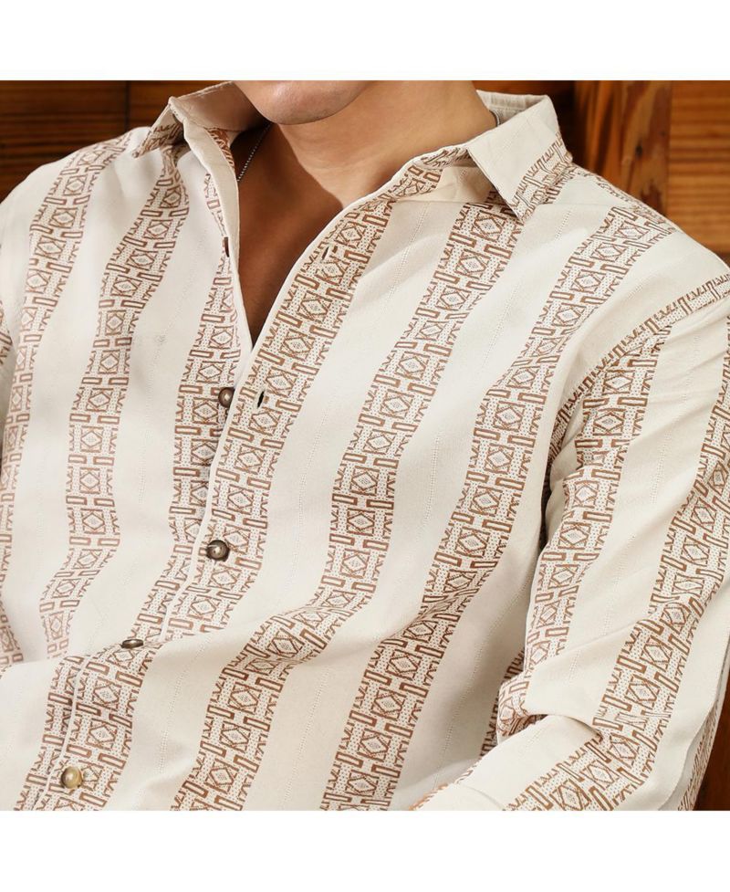 Men's Ash Brown & Off-White Indie-Stripe Jacquard Shirt