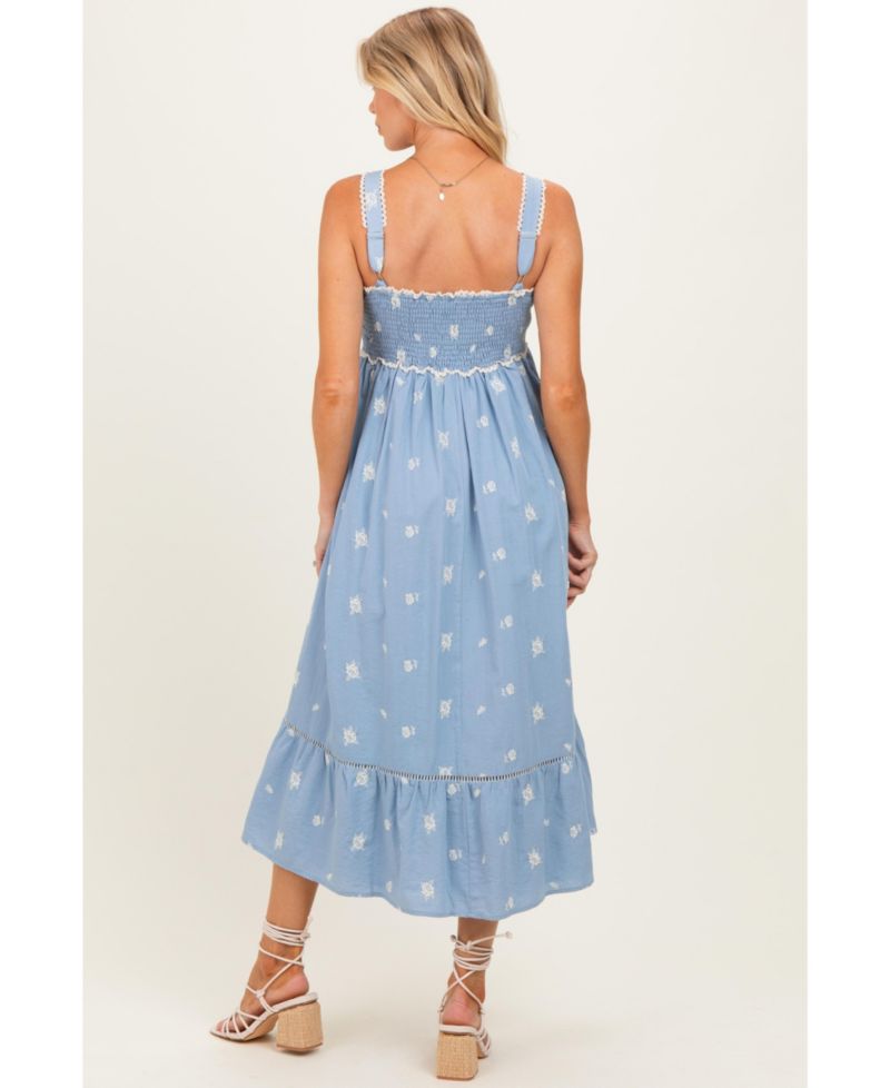Women's Light Blue Vintage Floral Smocked Midi Dress