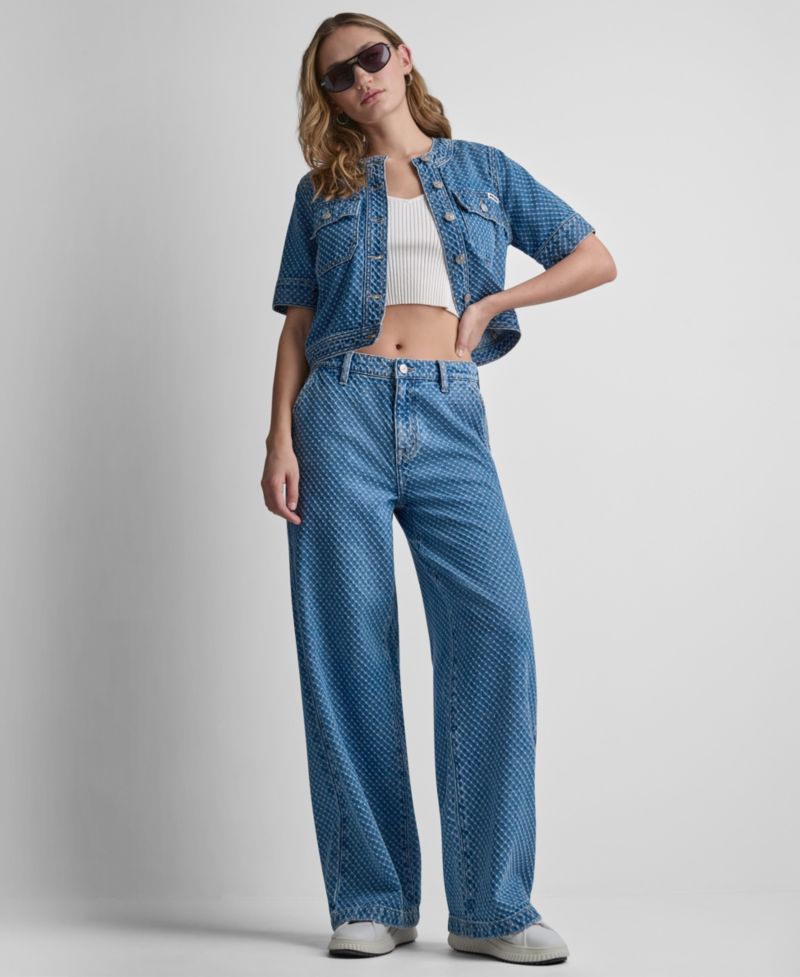 Women's Cropped Patch Pocket Short-Sleeve Boucle Denim Shirt Jacket