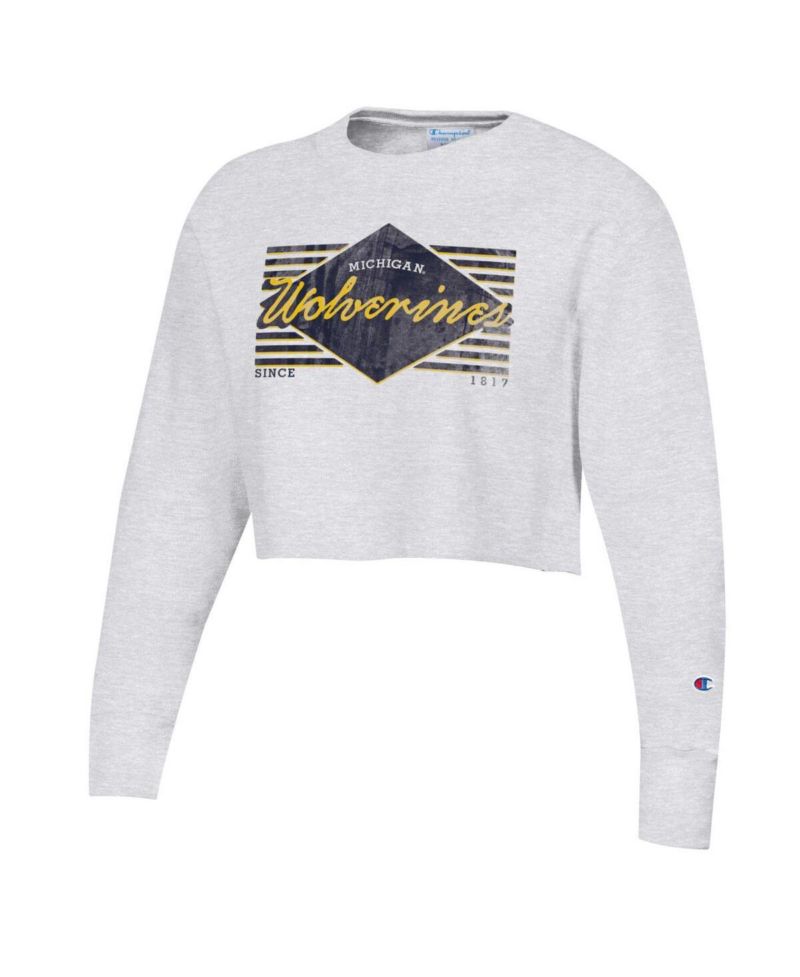 Women's Heather Gray Distressed Michigan Wolverines Reverse Weave Cropped Pullover Sweatshirt