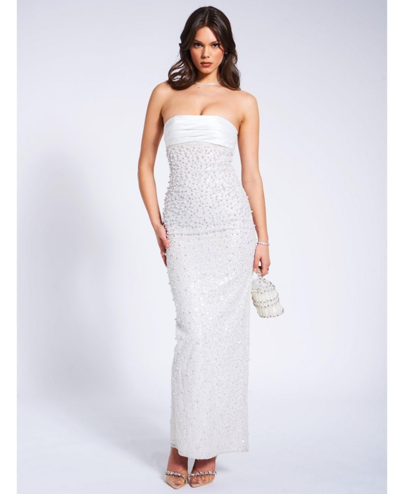 Women's Lainey White Satin Sequin Pearls Beaded Maxi Dress