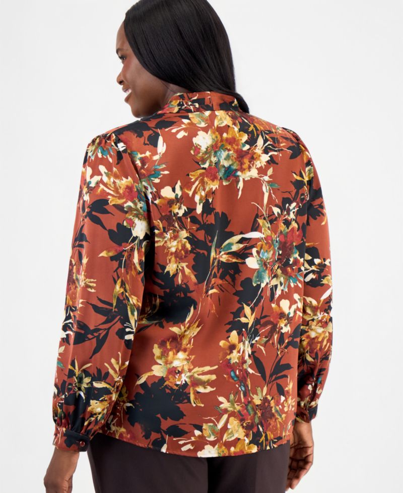 Plus Size V-Neck Pleated Shoulder Long-Sleeve Blouse