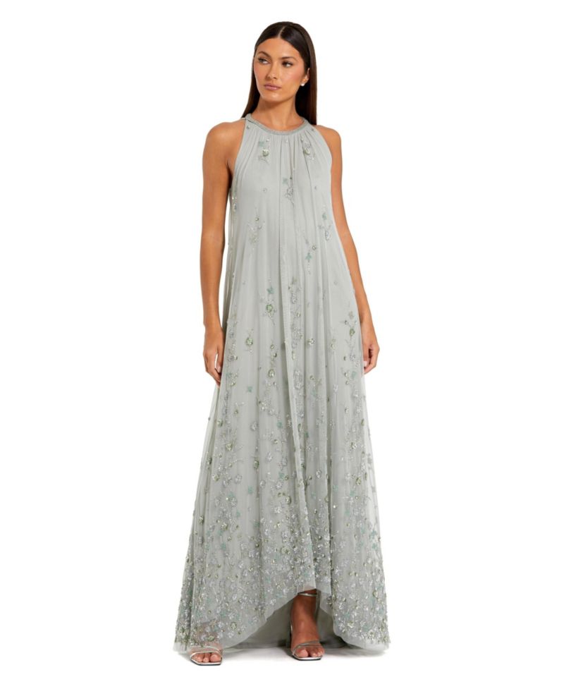 Women's High Neck Floral Embellished Mesh Trapeze Gown