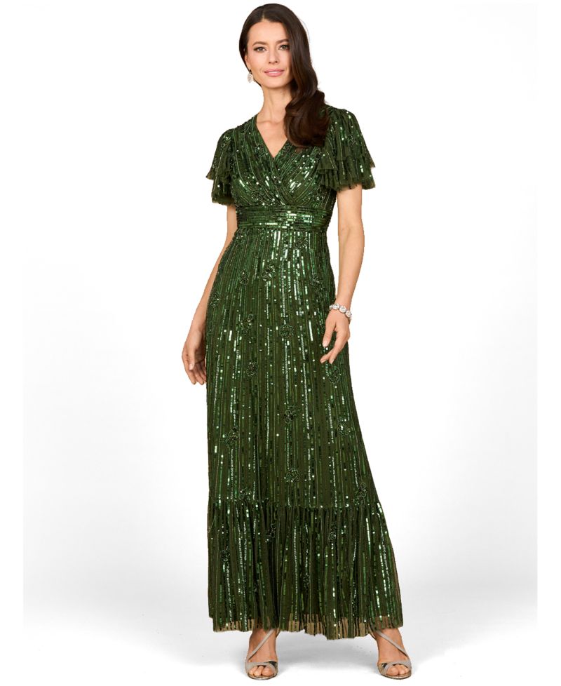 Women's Elegant Beaded Gown with Flutter Sleeves