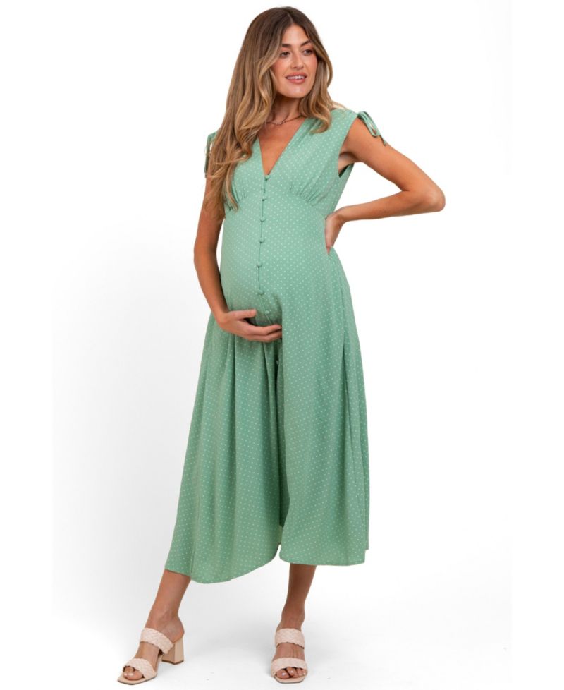 Women's Green Button-Down Polka Dot Shirred Bow Midi Dress