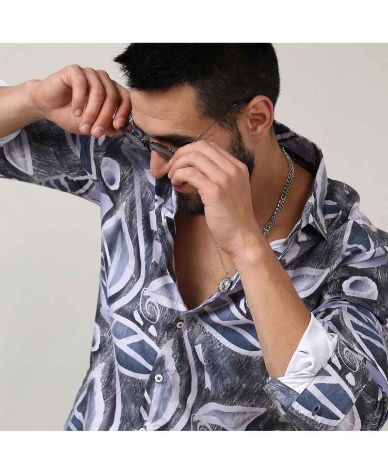 Men's Charcoal Grey & Prussian Blue Marble Foliage Shirt