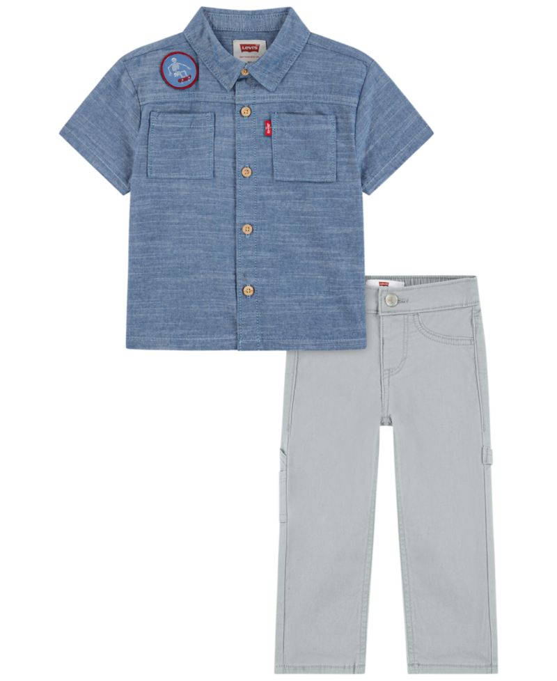 Baby Boys' Chambray Short-Sleeve Shirt and Pants, 2-Piece Set