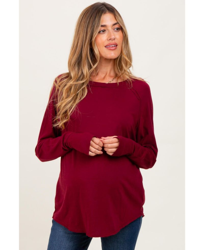 Women's Burgundy Exposed Seam Long Sleeve Top