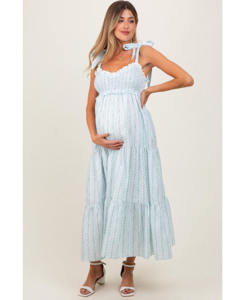 Women's Floral Striped Smocked Shoulder Tie Maxi Dress