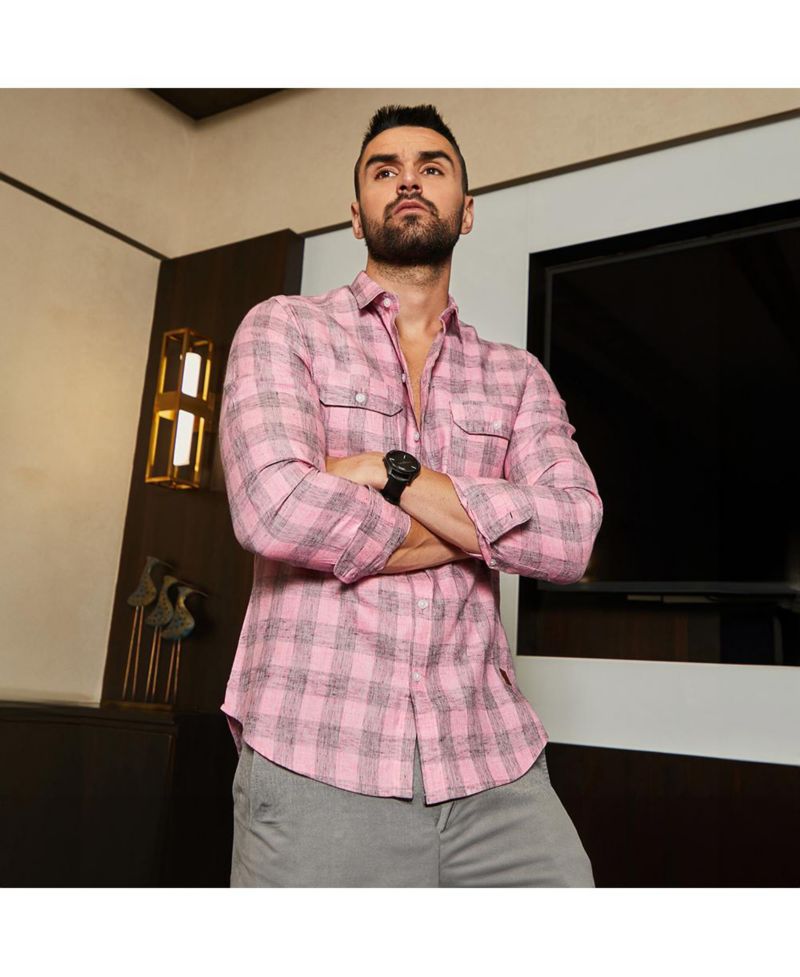 Men's Blush Pink & Moon Grey Tartan Plaid Shirt