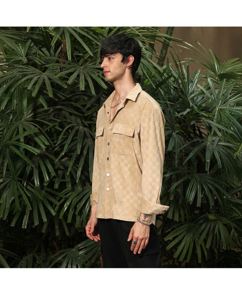 Men's Buff Beige Cubic Velvet Utility Shacket