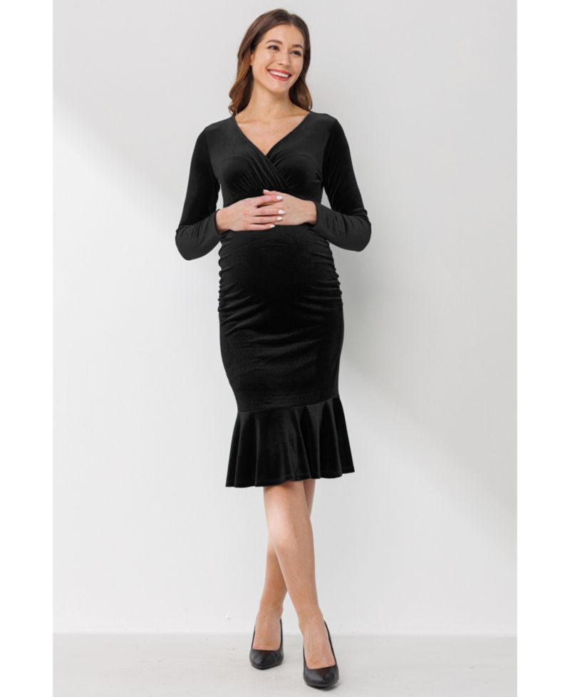 Women's Velvet V Neck Long Sleeve Ruched Dress