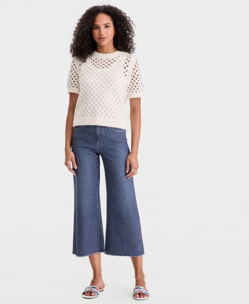 Women's Open-Stitch Short-Sleeve Sweater