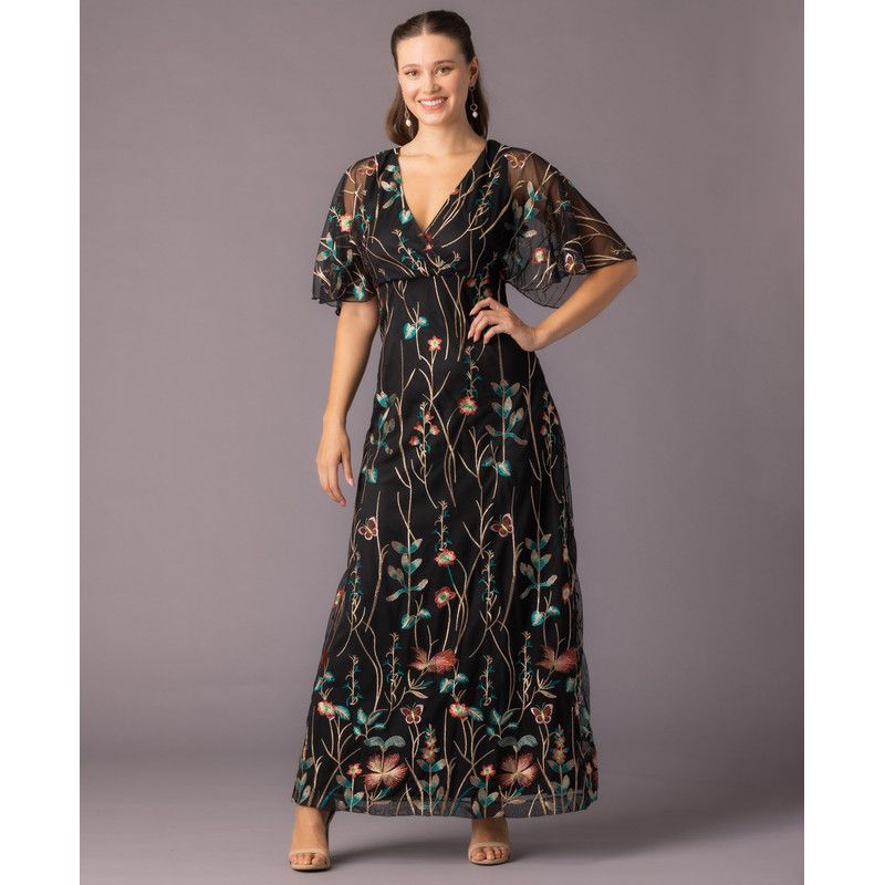 Women's Embroidered Elegance Evening Gown with Sleeves