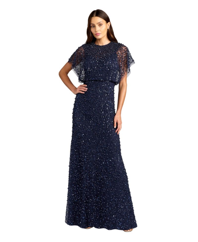 Petite High Neck Short Sleeve Embellished Gown