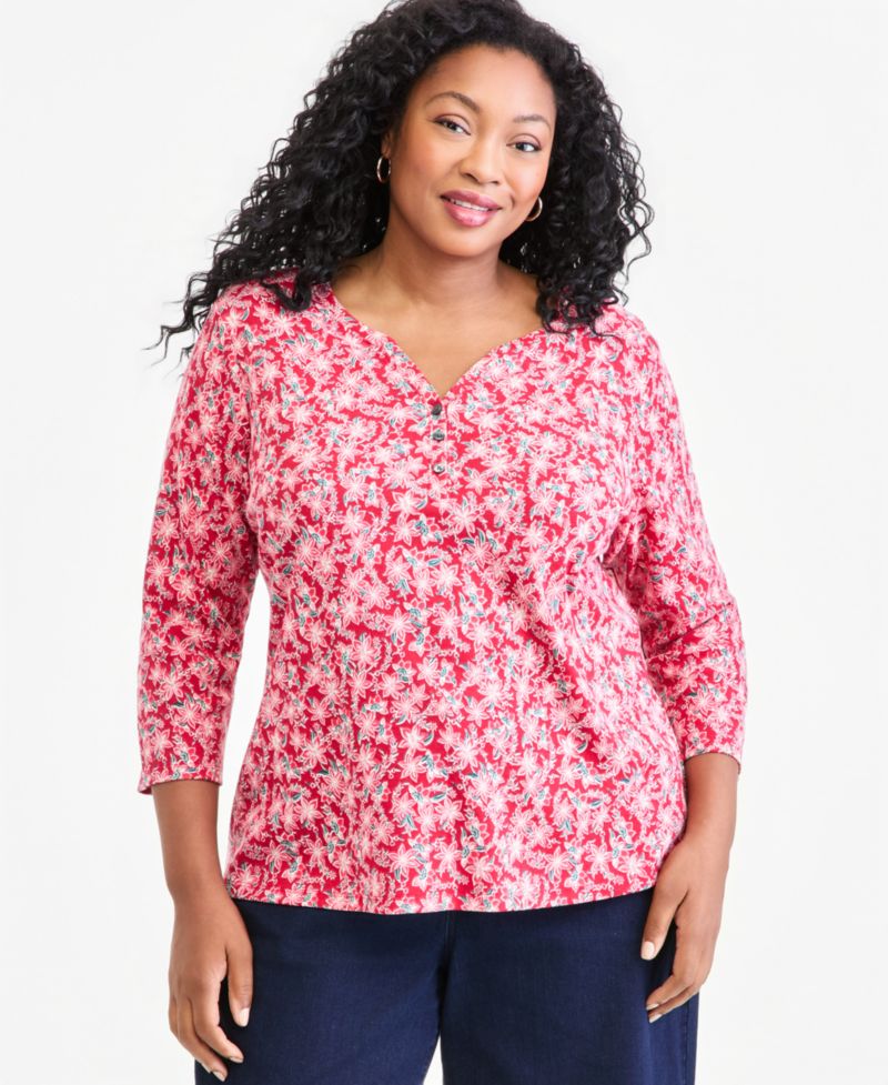 Petite Printed 3/4-Sleeve Henley Top