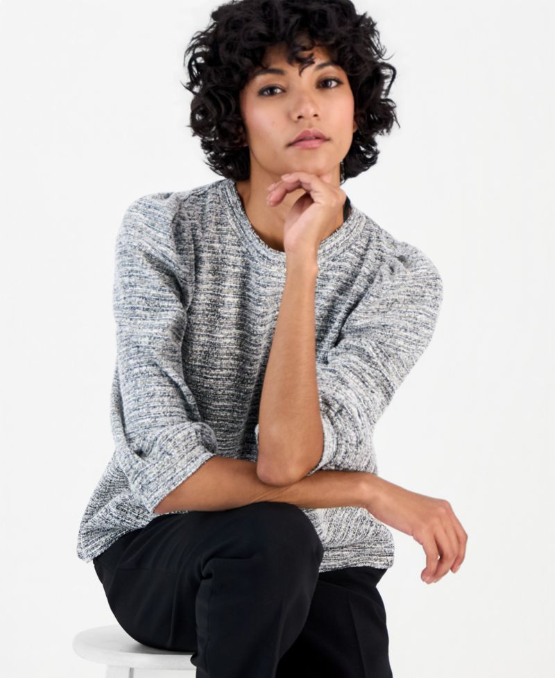 Petite 3/4-Balloon Sleeve Boucle-Knit Top