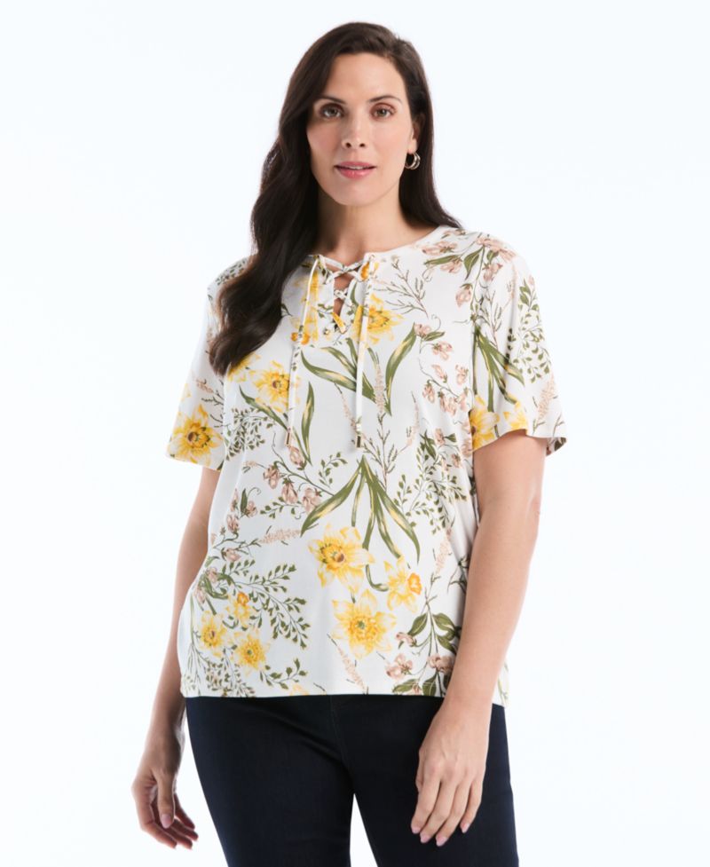 Petite Garden Print Lace-Up Top