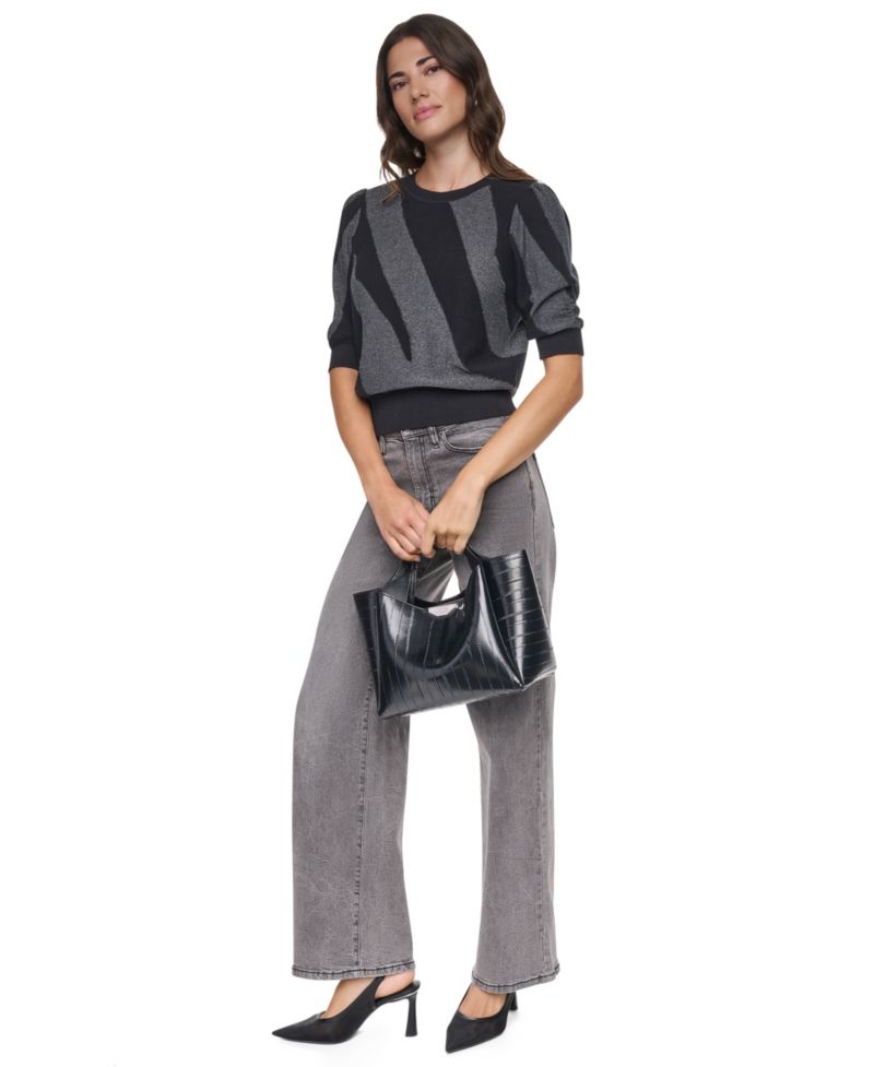 Women's Colorblock Lurex 3/4-Sleeve Pullover Sweater