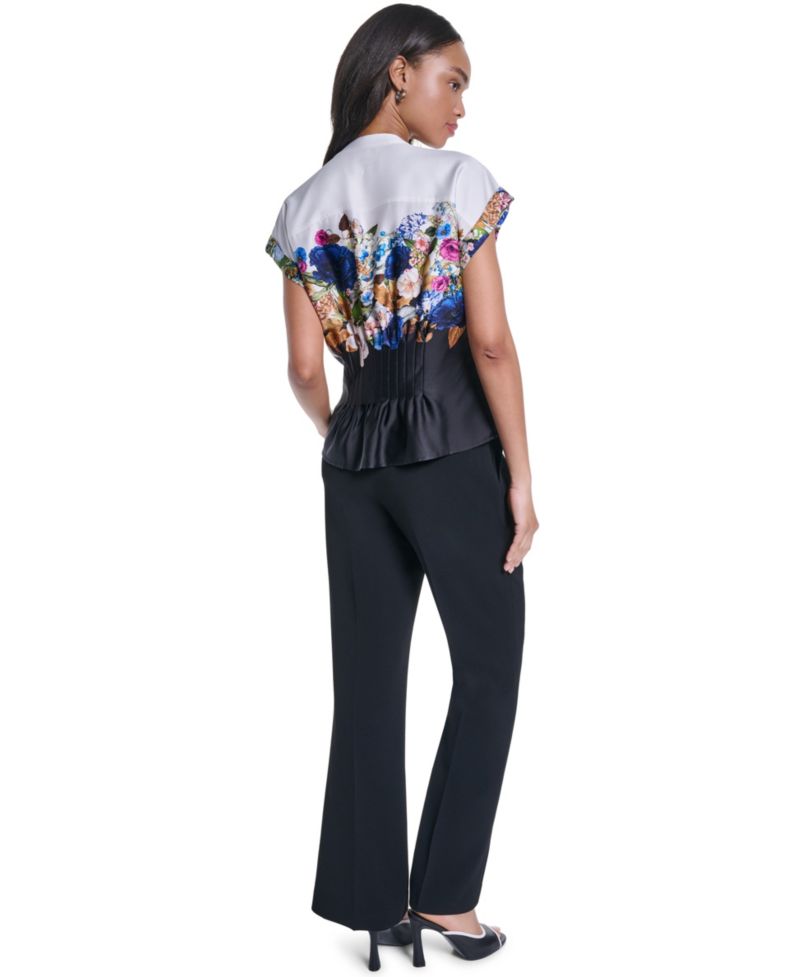 Women's Floral Pleated Button-Front Blouse
