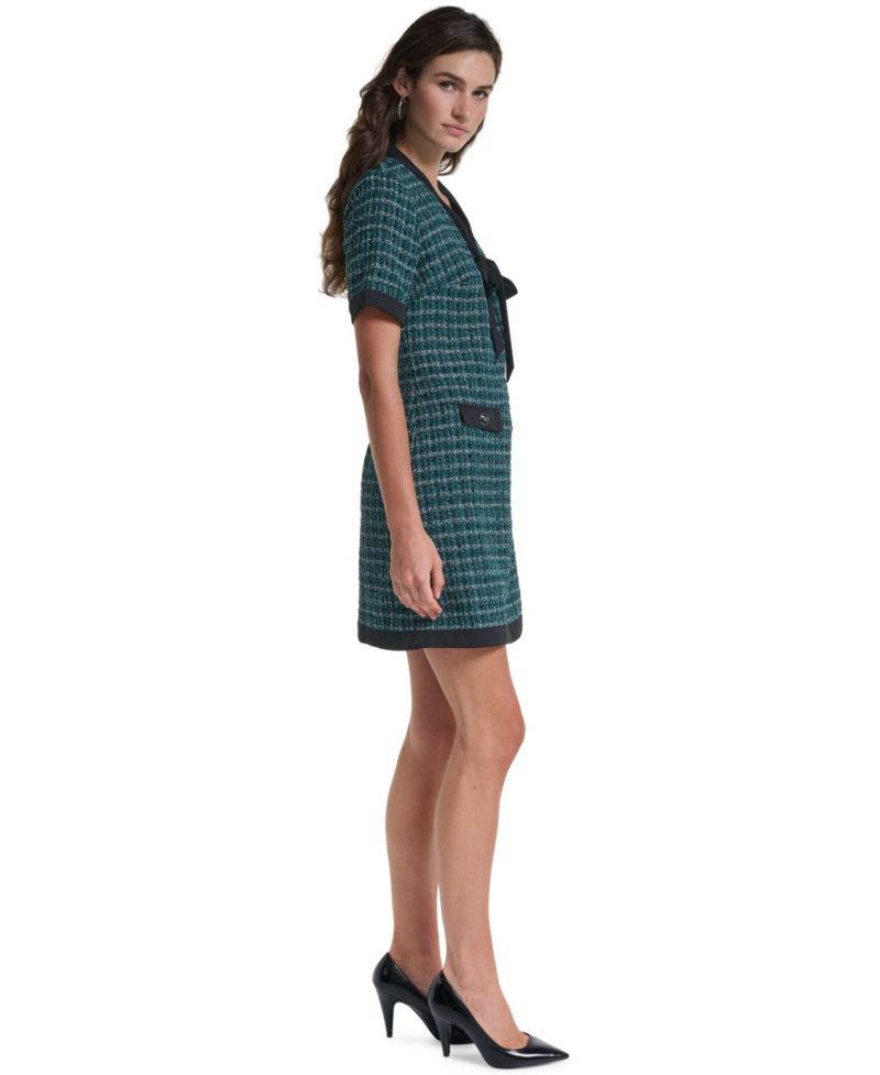 Women's Tweed A-Line With Neck Tie Plaid Short-Sleeve Dress