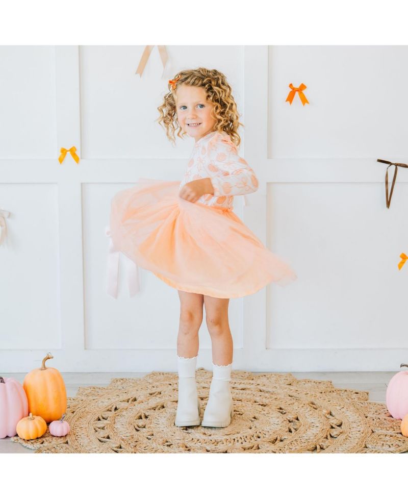 Little Girls Pumpkin Bow Trellis Long Sleeve Tutu Dress