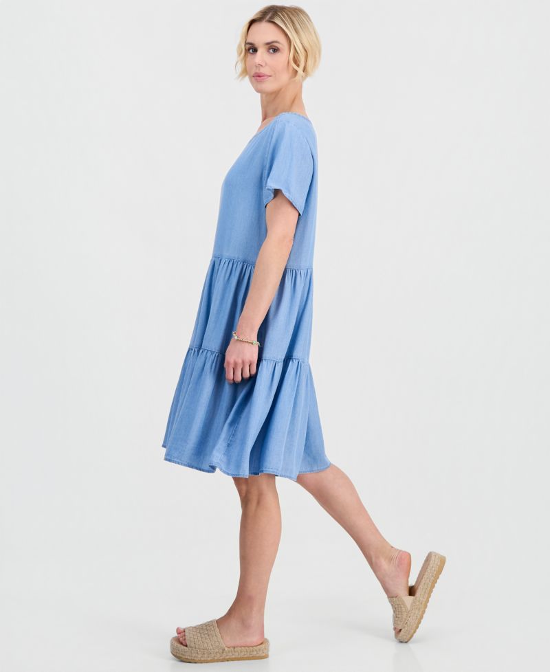 Petite Round-Neck Tiered Short-Sleeve Dress