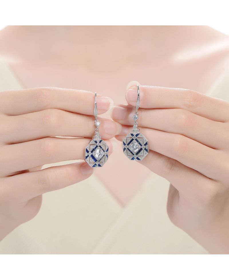 White Gold Plated Geometric CZ Statement Drop Earrings
