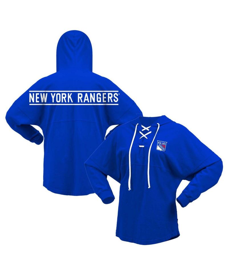 Women's Blue New York Rangers Jersey Lace-Up V-Neck Long Sleeve Hoodie T-shirt