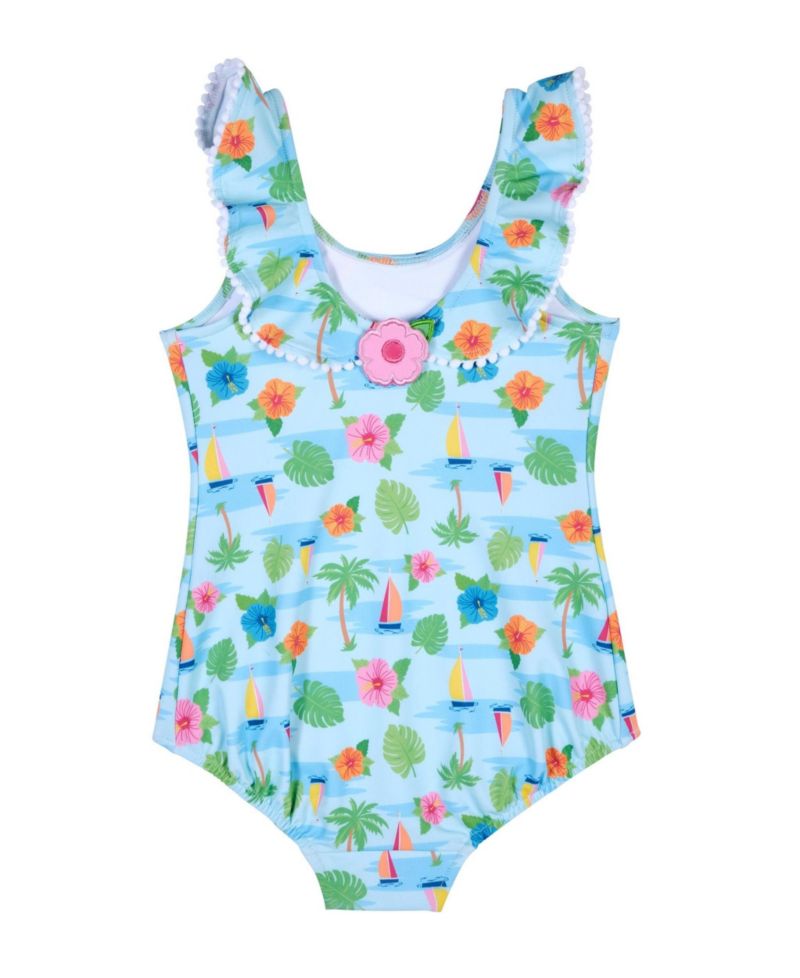 Little Girls Tropical Print Ruffle Neck Swimsuit