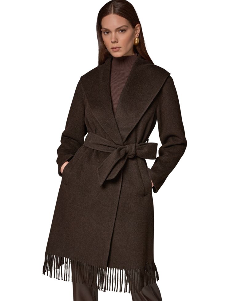 Women's Belted Fringe Wool-Blend Shawl-Collar Mid-Length Coat