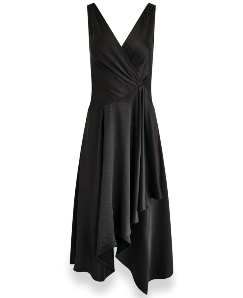 Women's Satin Sleeveless Surplice-Neck Draped A-Line Midi Dress