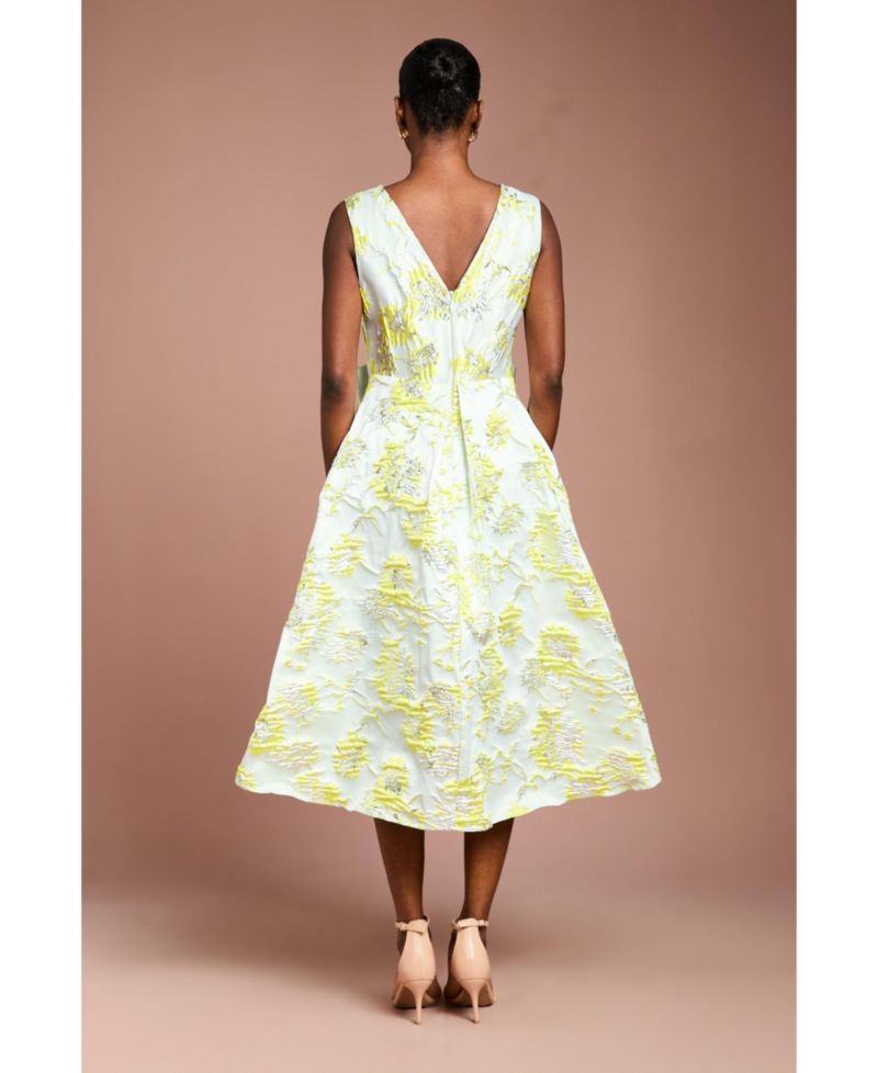 Women's V-Neck Bow Jacquard Midi Dress