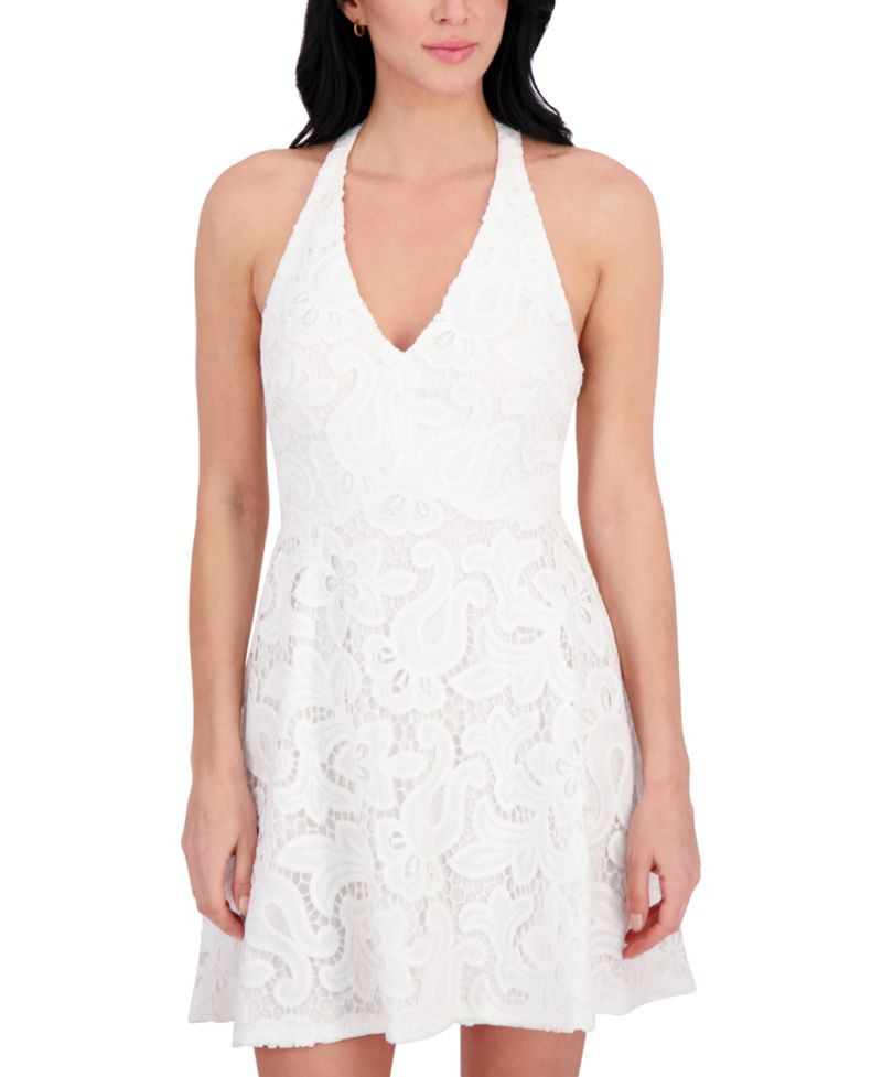 Women's Heavy Lace Halter V-Neck Flared Mini Dress