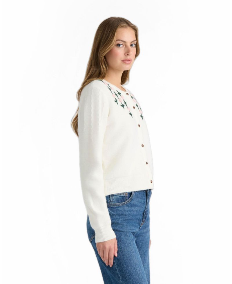 Women's Floral Scalloped Crew Neck Cardigan