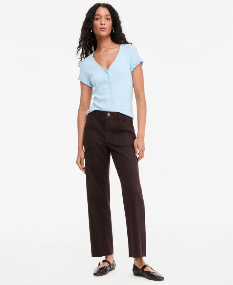 Women's Ruffle-Trim Button-Front Short-Sleeve Ribbed Top