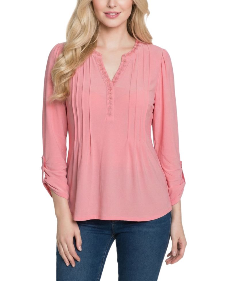 Petite Long-Sleeve Pleat Front Roll Tab Top