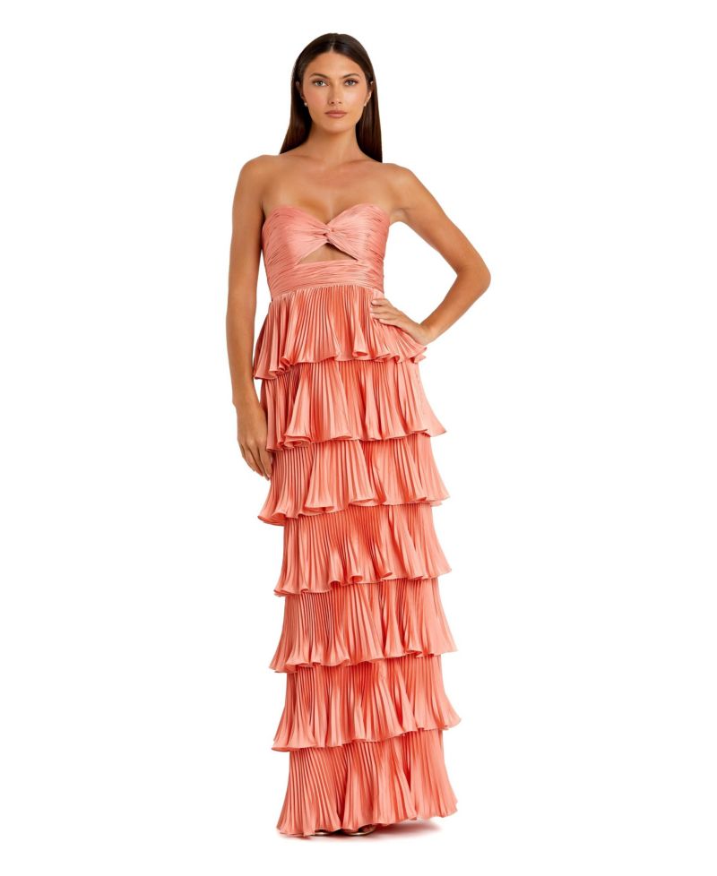 Women's Pleated Charmeuse Strapless Tiered Ruffle Gown