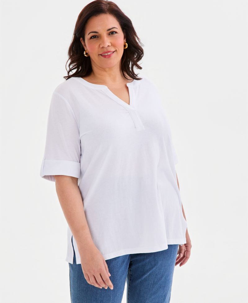 Plus Size Roll-Tab Split-Neck Elbow-Sleeve Tunic