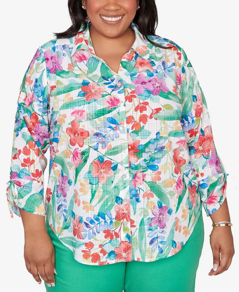 Plus Size Resort Living Tropical Print Tie-Sleeve Button-Front Top