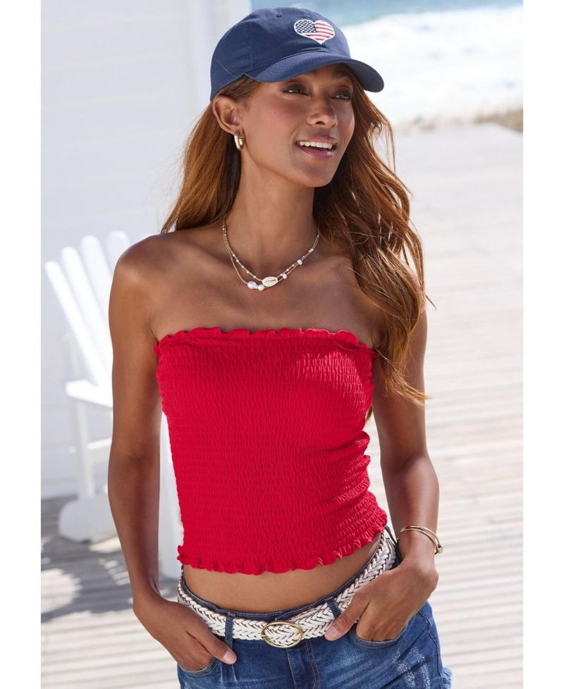 Women's Viscose Printed Smocked Strapless Ruffle-Trim Sleeveless Top