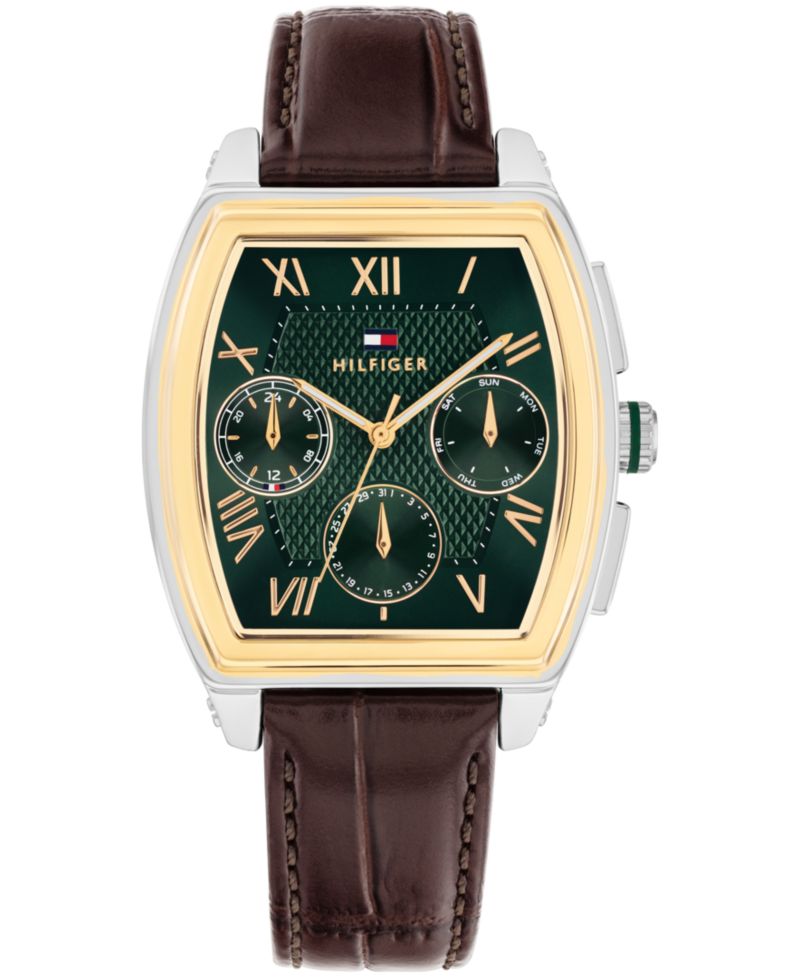 Men's Multifunction Dark Brown Leather Bracelet Watch, 36mm