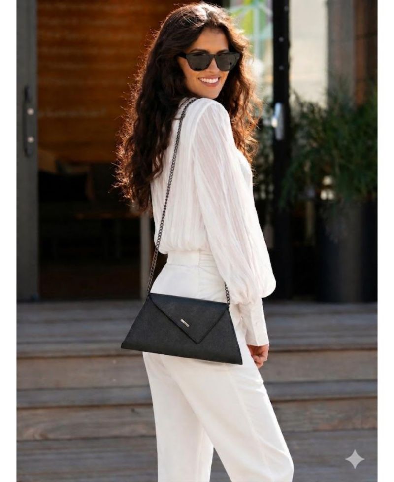 Womens Saffiano Leather Envelope Clutch Purse Crossbody Evening Bag with Chain Strap Elegant Handbag