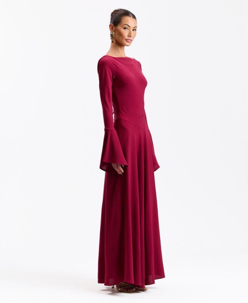 Women's Romantic Lace-Up Back Basque Waist Long High-Low Ruffle Sleeves Maxi Dress