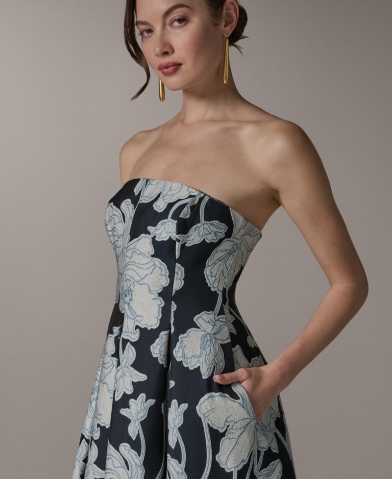 Women's Strapless Jacquard Fit & Flare Floral Midi Dress