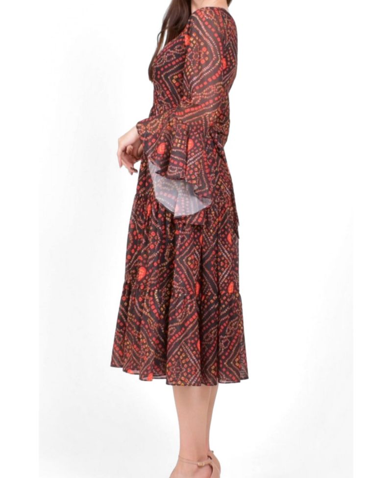 Women's Bandhani Bell Sleeve Tiered Midi Dress