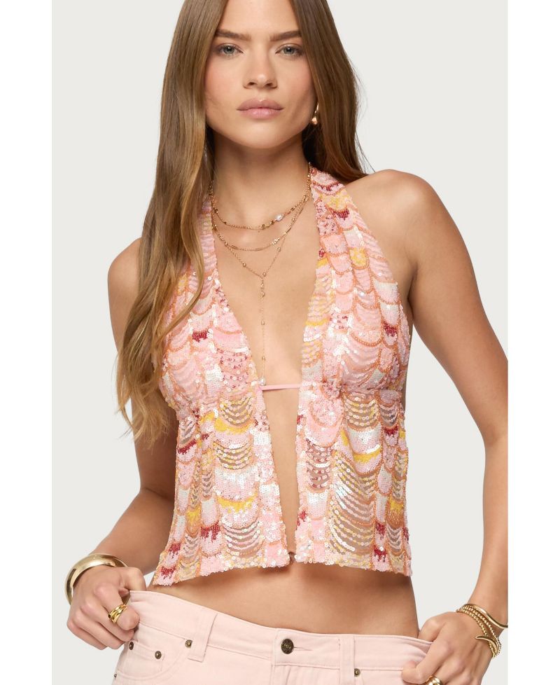Women's Mermaid Backless Sequin Split Front Top