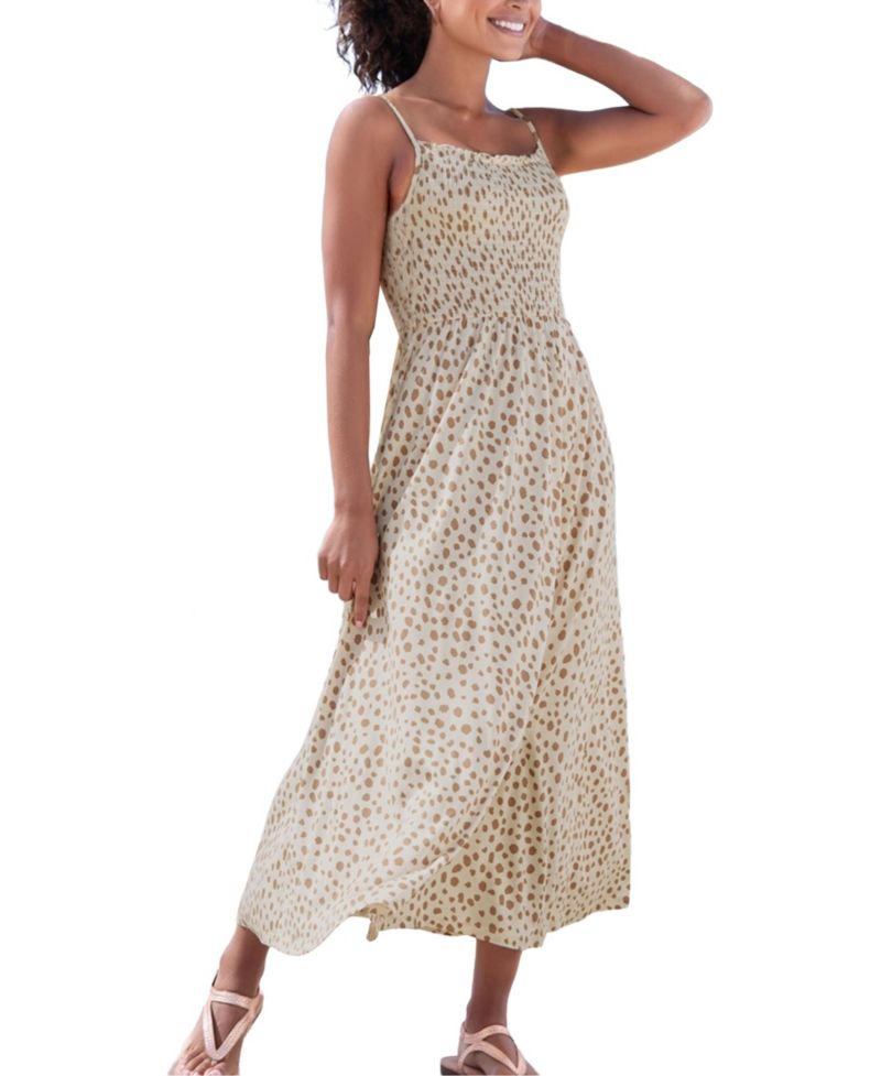 Women's Viscose Printed Smocked Dot A-Line Square-Neck Midi Dress
